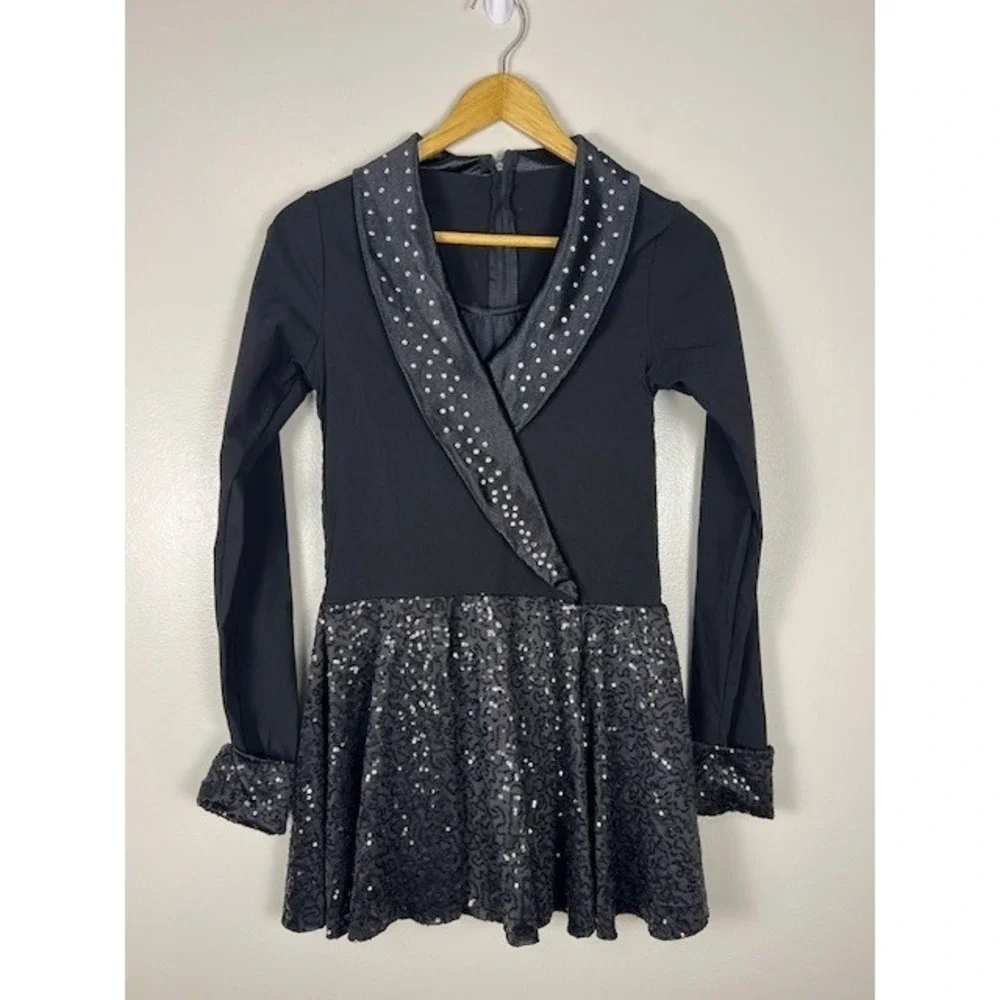 Weissman Black Rhinestone Sparkle‎ Dance Dress Costume Long Sleeve Lapel Collar